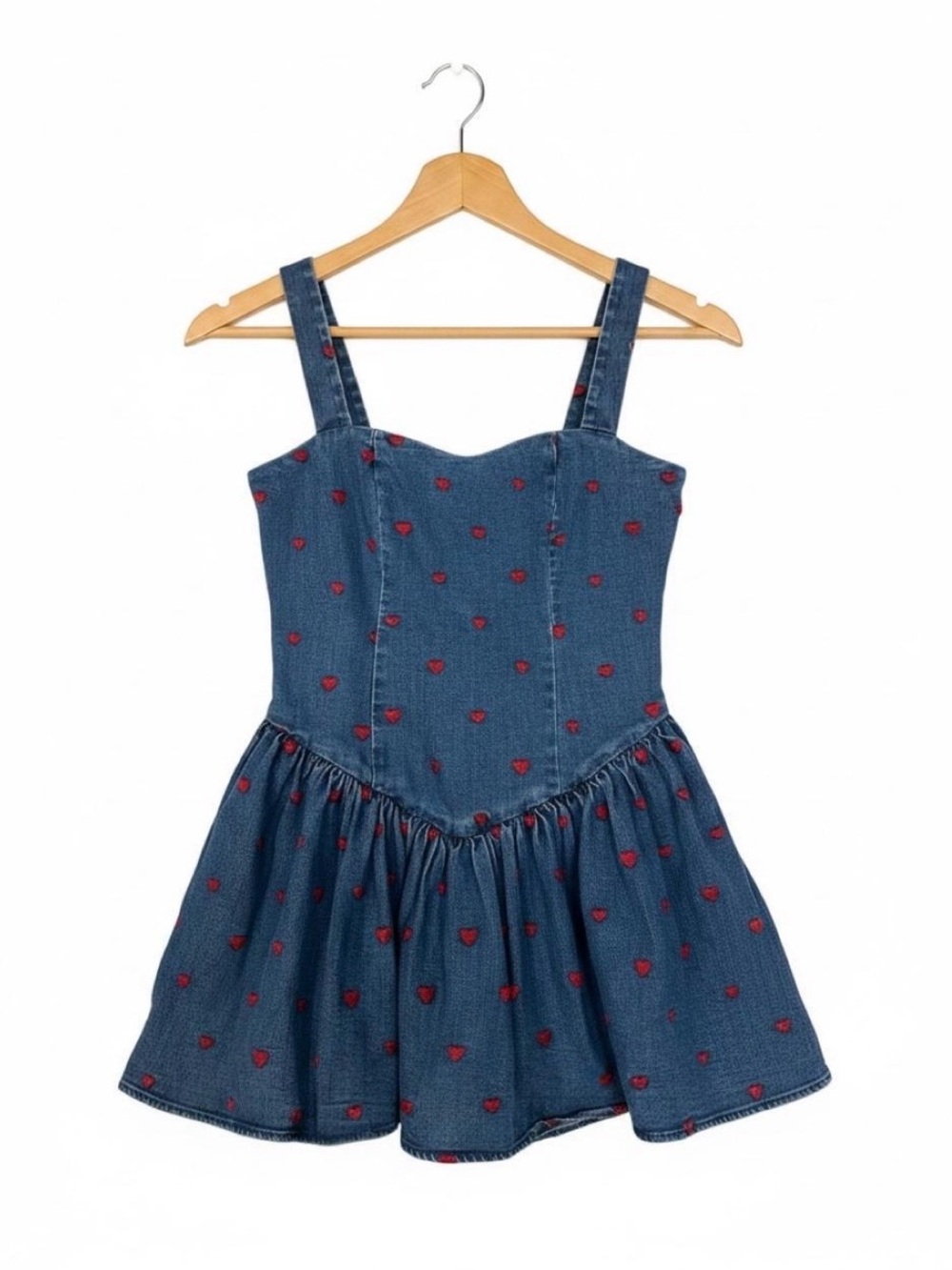 Avec Les Filles Blue Denim Mini Dress with Red Heart Print